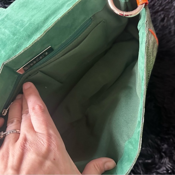 Faux Snakeskin Saddle Bag EUC Green & Orange Tassel Accent - Picture 9 of 12